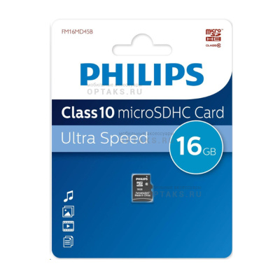 Карта памяти microSD 16 Гб Philips, Class10, без адаптера
