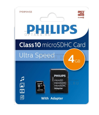 Карта памяти microSD 4 Гб Philips, Class10, с адаптером