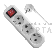 Удлинитель DEFENDER L330 3 гнезда, 1,5 метра, с заземлением, 16А/3500Вт, ПВС 3х1,0мм, с выключателем, белый (1/40)